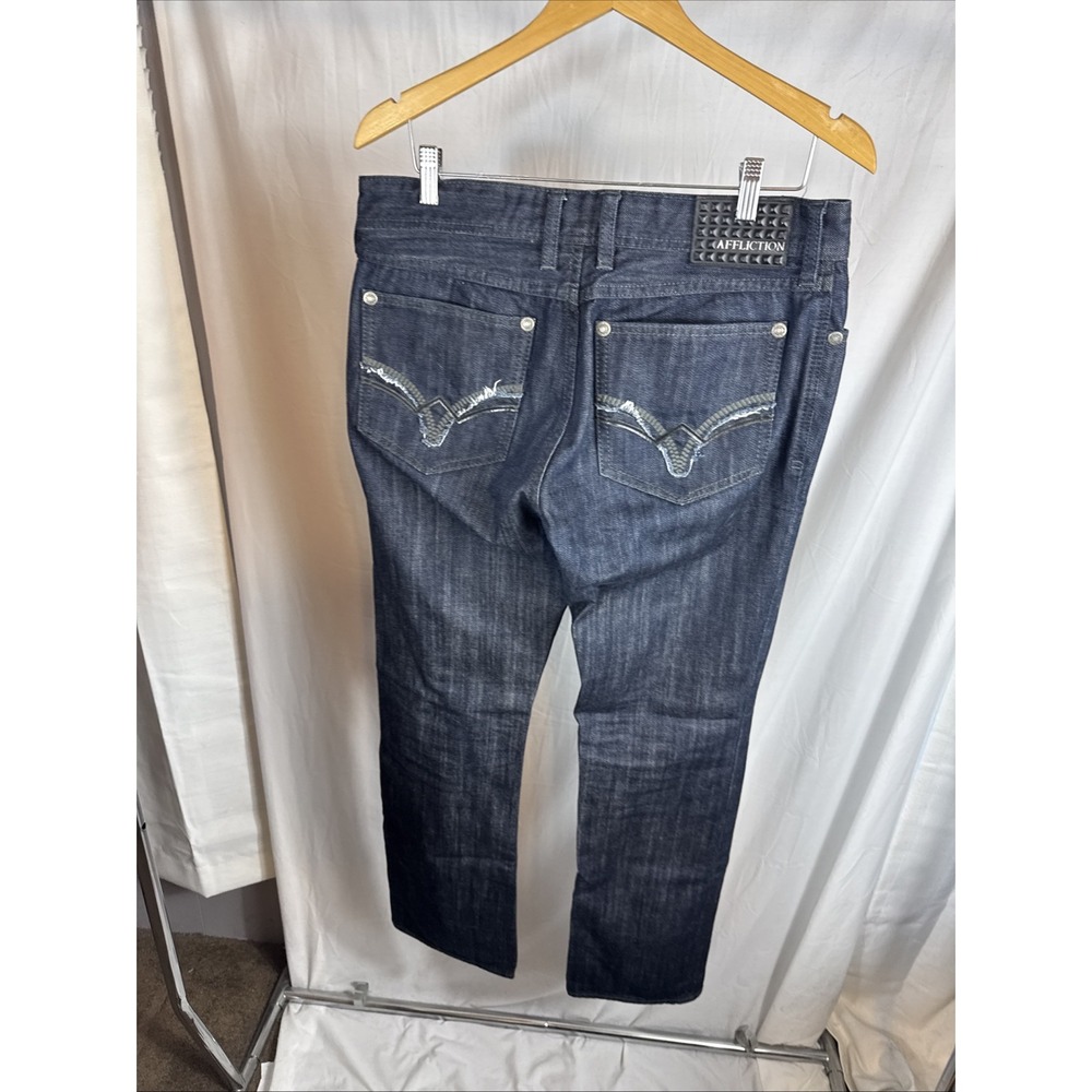 Affliction Ace Jeans Dark Blue Straight Leg Men's Size 33x32 Embroidered Pockets
